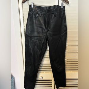 fashionable pants, material leather, high waist.